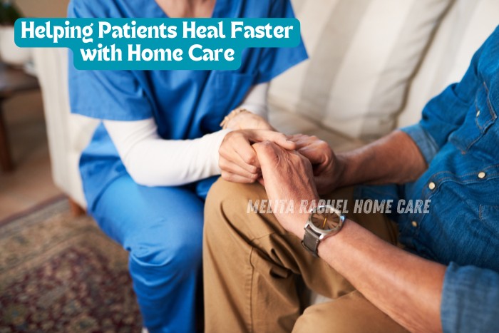 Caregiver holding hands of elderly patient during home visit – Compassionate healing support by Melita Rachel Home Care Services in Pollachi