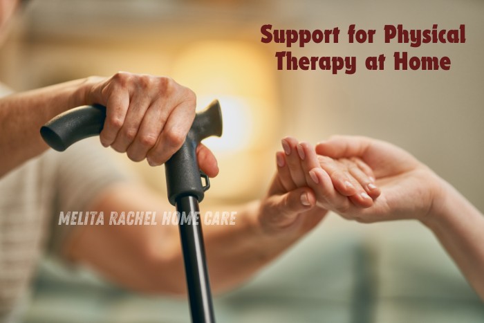 Close-up of elderly hand holding walking stick with caregiver’s support – At-home physiotherapy care by Melita Rachel Home Care Services in Pollachi