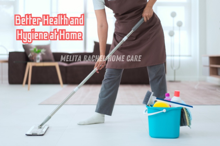 Professional cleaner mopping floor with cleaning supplies Home maid and housekeeping services by Melita Rachel Home Care Services